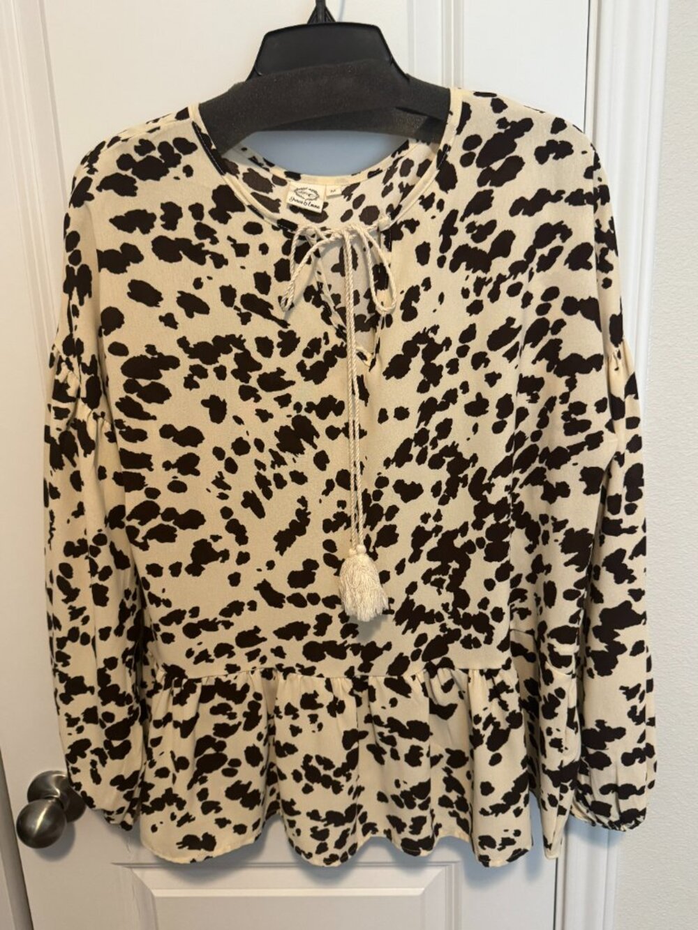 Grace & Emma Cow print peplum long sleeve blouse Tie Neck